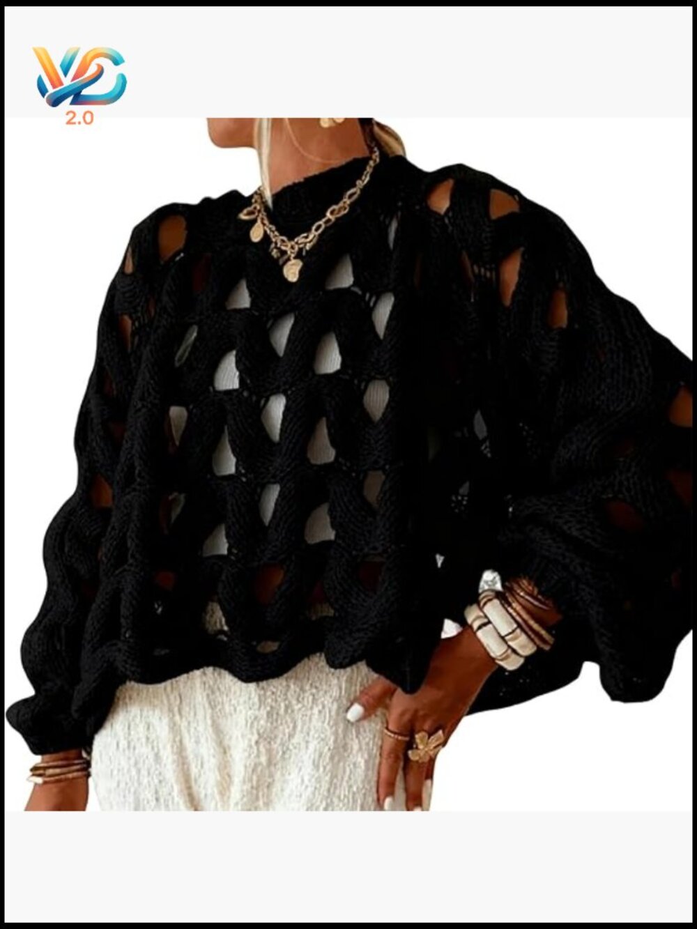 Oversized Hollow Out Pullover Sweater Chunky Knit Long Sleeve Crew Neck